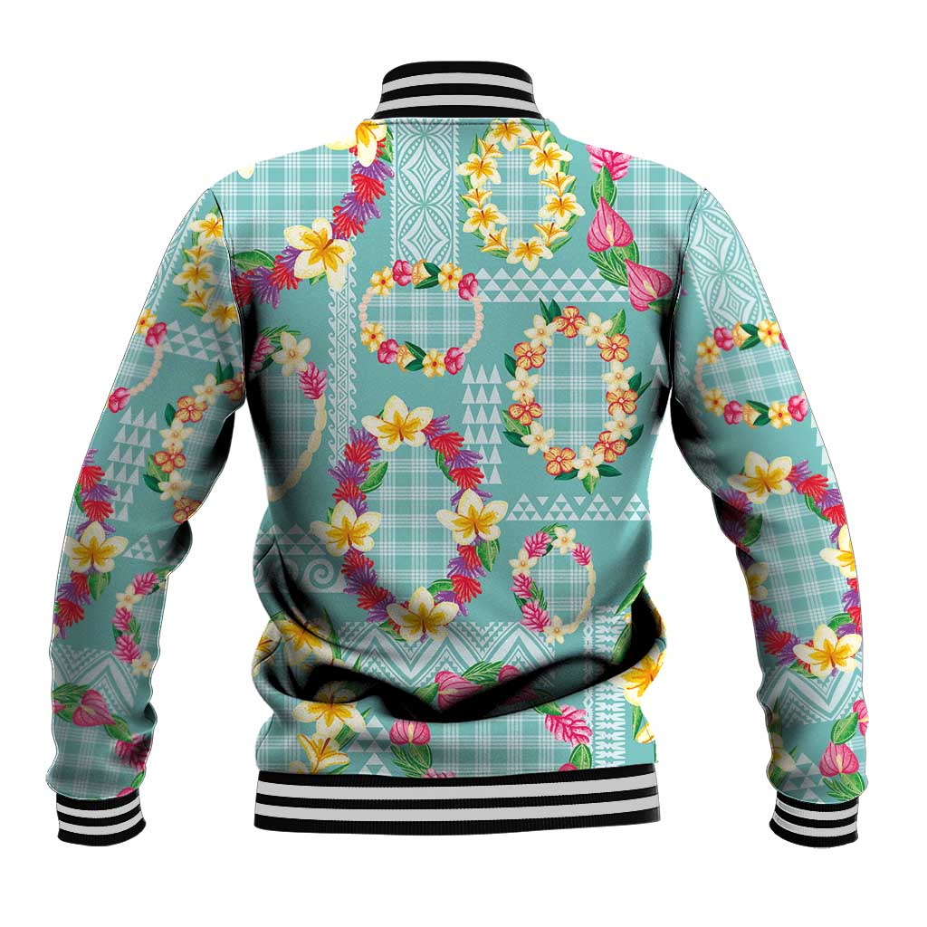 Hawaiian Leis Baseball Jacket Kakau Tattoos and Palaka Pastel Teal Color LT03 - Polynesian Pride