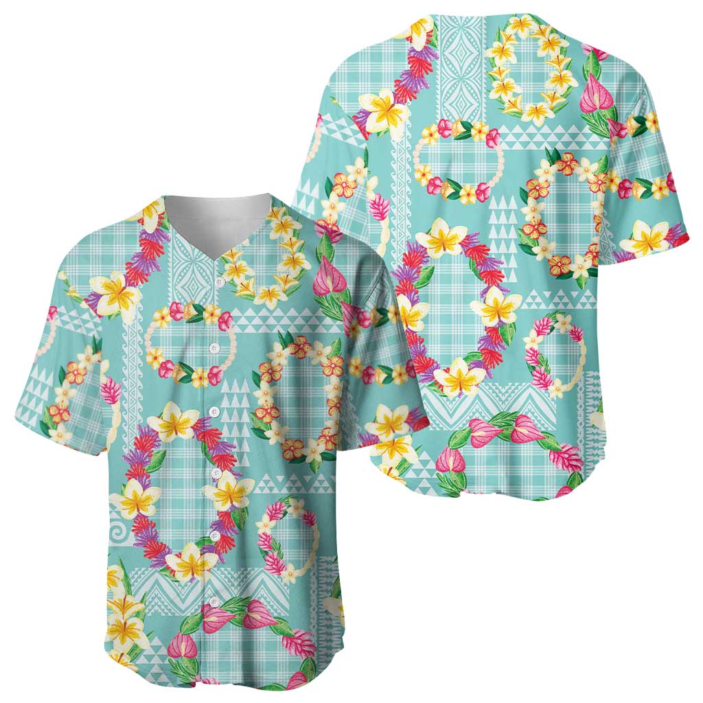 Hawaiian Leis Baseball Jersey Kakau Tattoos and Palaka Pastel Teal Color LT03 - Polynesian Pride