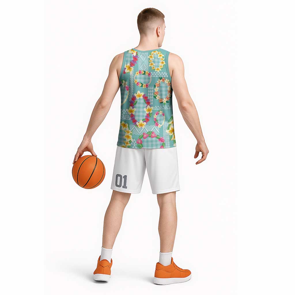 Hawaiian Leis Basketball Jersey Kakau Tattoos and Palaka Pastel Teal Color LT03 - Polynesian Pride