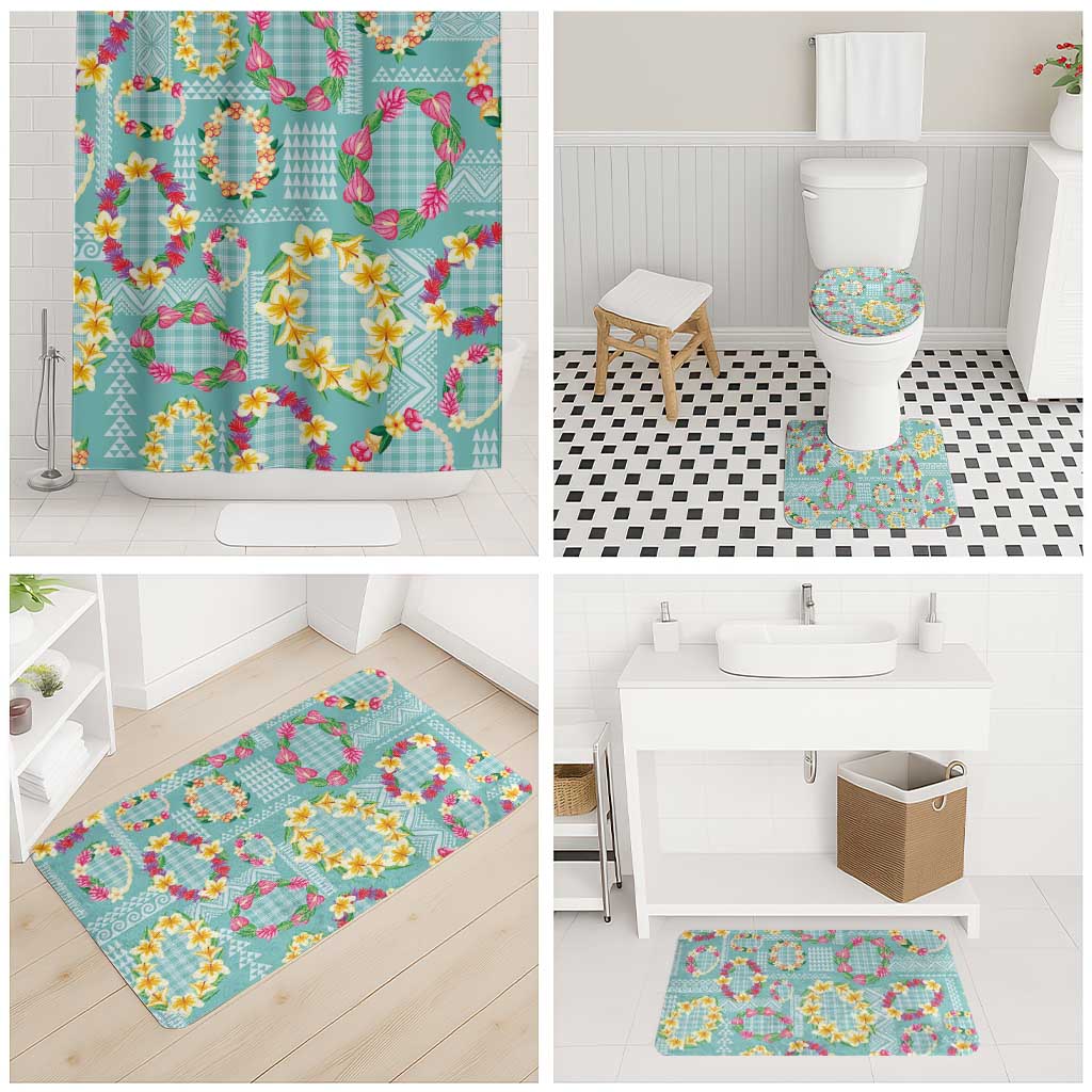 Hawaiian Leis Bathroom Set Kakau Tattoos and Palaka Pastel Teal Color LT03 - Polynesian Pride