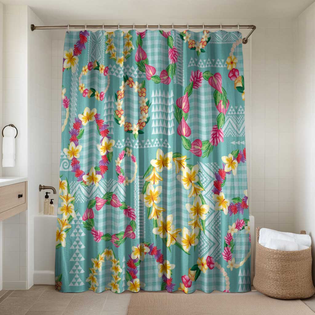 Hawaiian Leis Bathroom Set Kakau Tattoos and Palaka Pastel Teal Color LT03 Shower Curtain Only Teal - Polynesian Pride