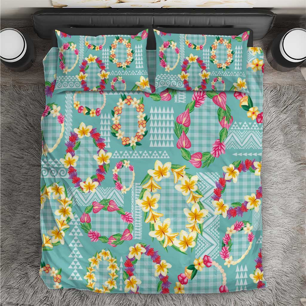 Hawaiian Leis Bedding Set Kakau Tattoos and Palaka Pastel Teal Color LT03 Teal - Polynesian Pride