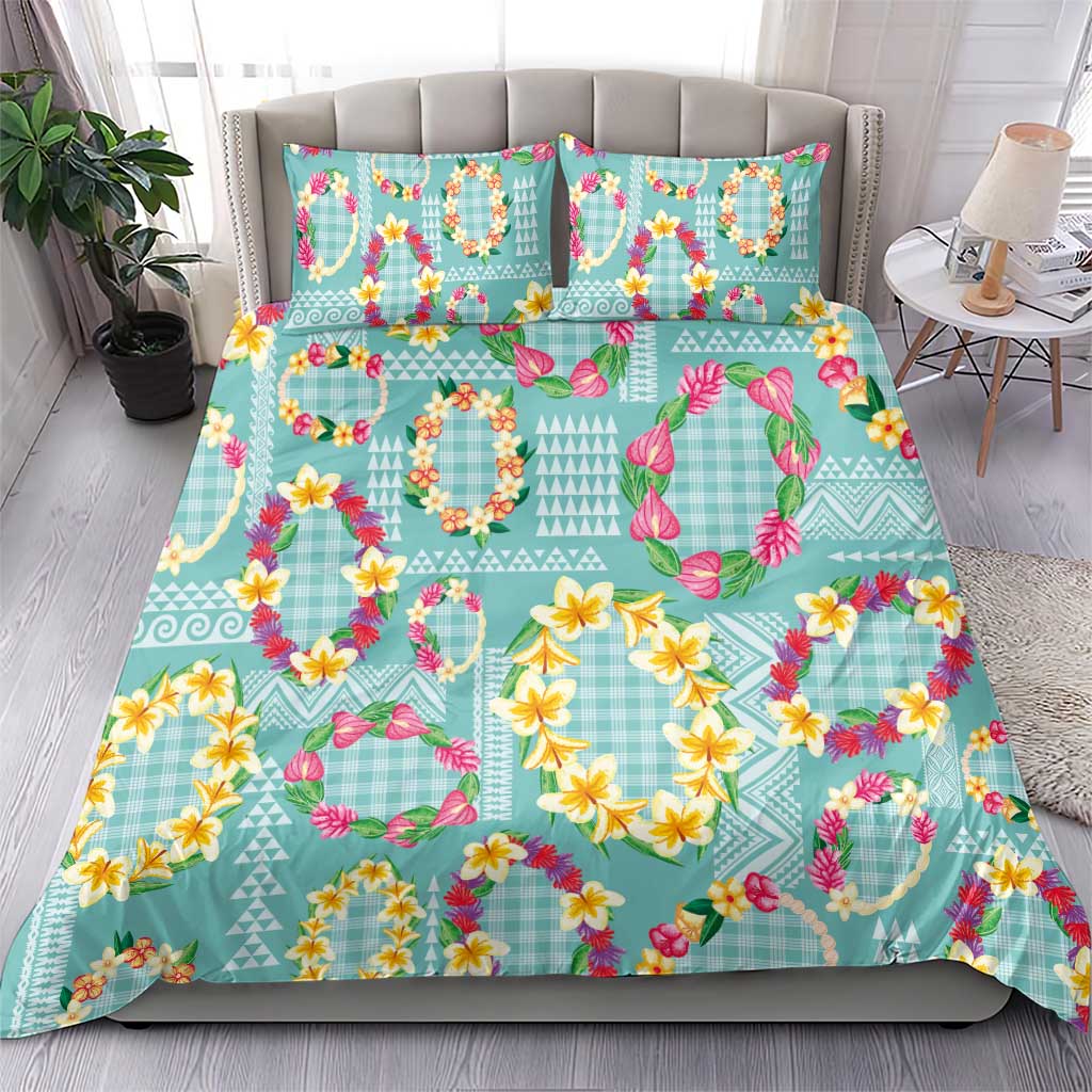 Hawaiian Leis Bedding Set Kakau Tattoos and Palaka Pastel Teal Color LT03 - Polynesian Pride