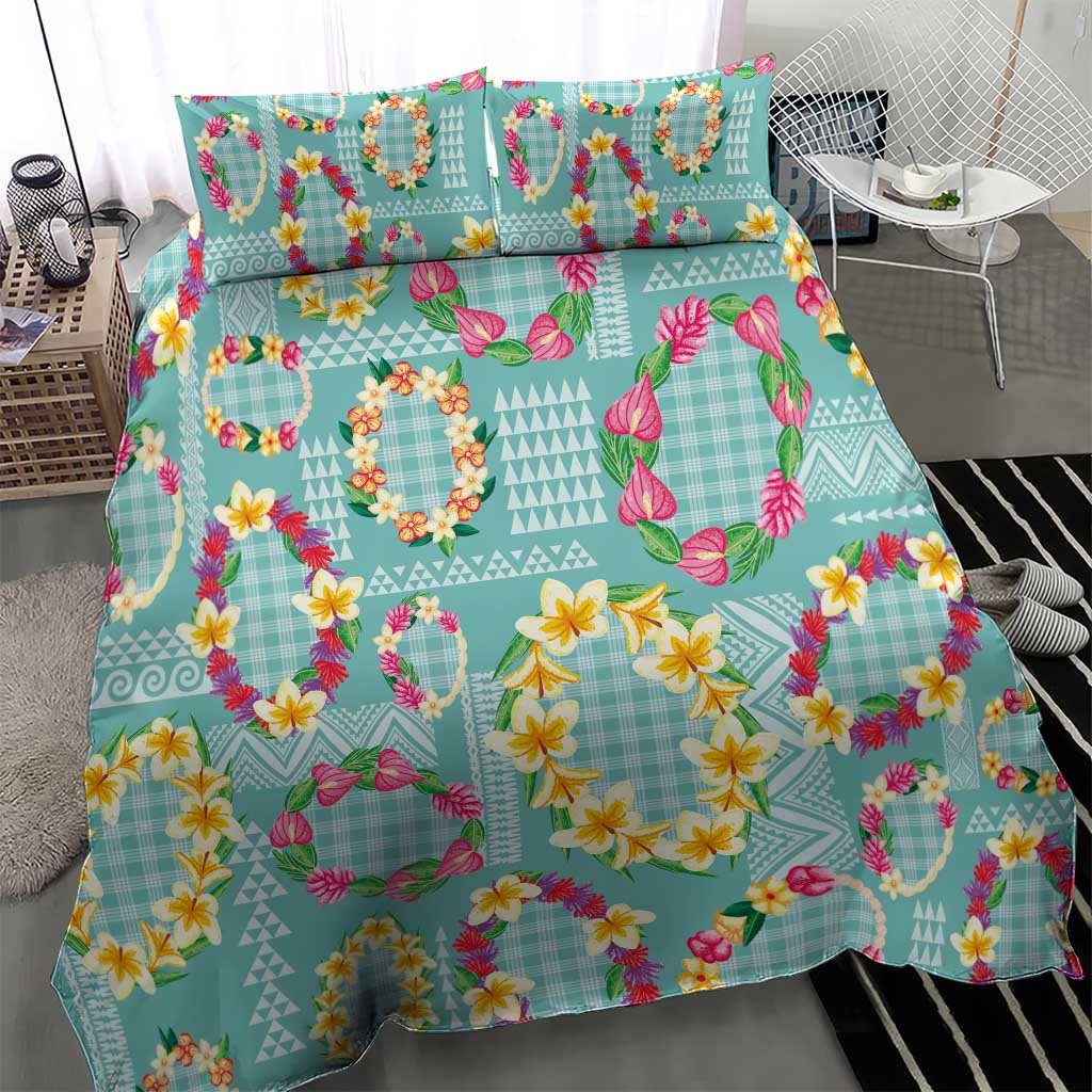Hawaiian Leis Bedding Set Kakau Tattoos and Palaka Pastel Teal Color LT03 - Polynesian Pride