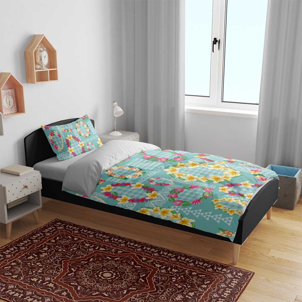 Hawaiian Leis Bedding Set Kakau Tattoos and Palaka Pastel Teal Color LT03 - Polynesian Pride