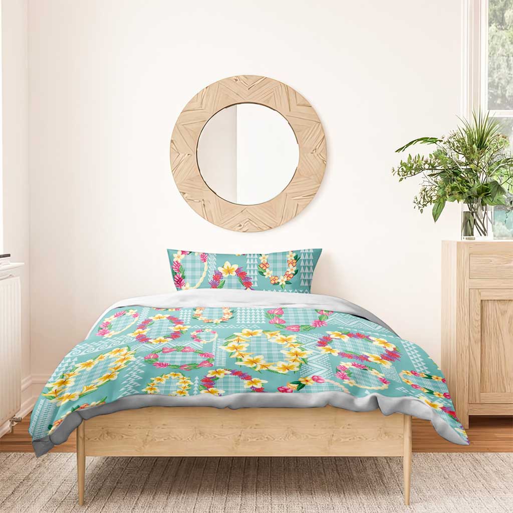 Hawaiian Leis Bedding Set Kakau Tattoos and Palaka Pastel Teal Color LT03 - Polynesian Pride