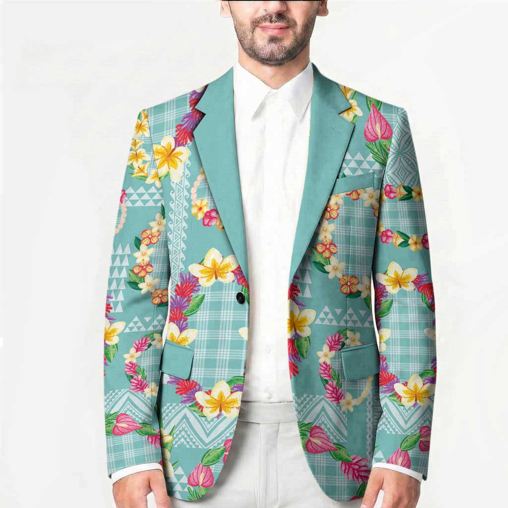 Hawaiian Leis Blazer Kakau Tattoos and Palaka Pastel Teal Color LT03 - Polynesian Pride