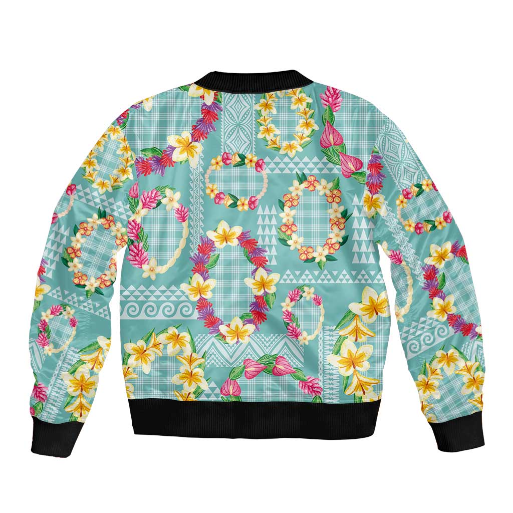 Hawaiian Leis Bomber Jacket Kakau Tattoos and Palaka Pastel Teal Color LT03 - Polynesian Pride