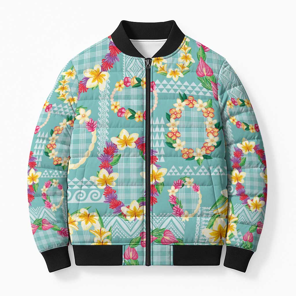 Hawaiian Leis Bomber Puffer Jacket Kakau Tattoos and Palaka Pastel Teal Color LT03 Unisex Teal - Polynesian Pride