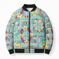 Hawaiian Leis Bomber Puffer Jacket Kakau Tattoos and Palaka Pastel Teal Color LT03 Unisex Teal - Polynesian Pride