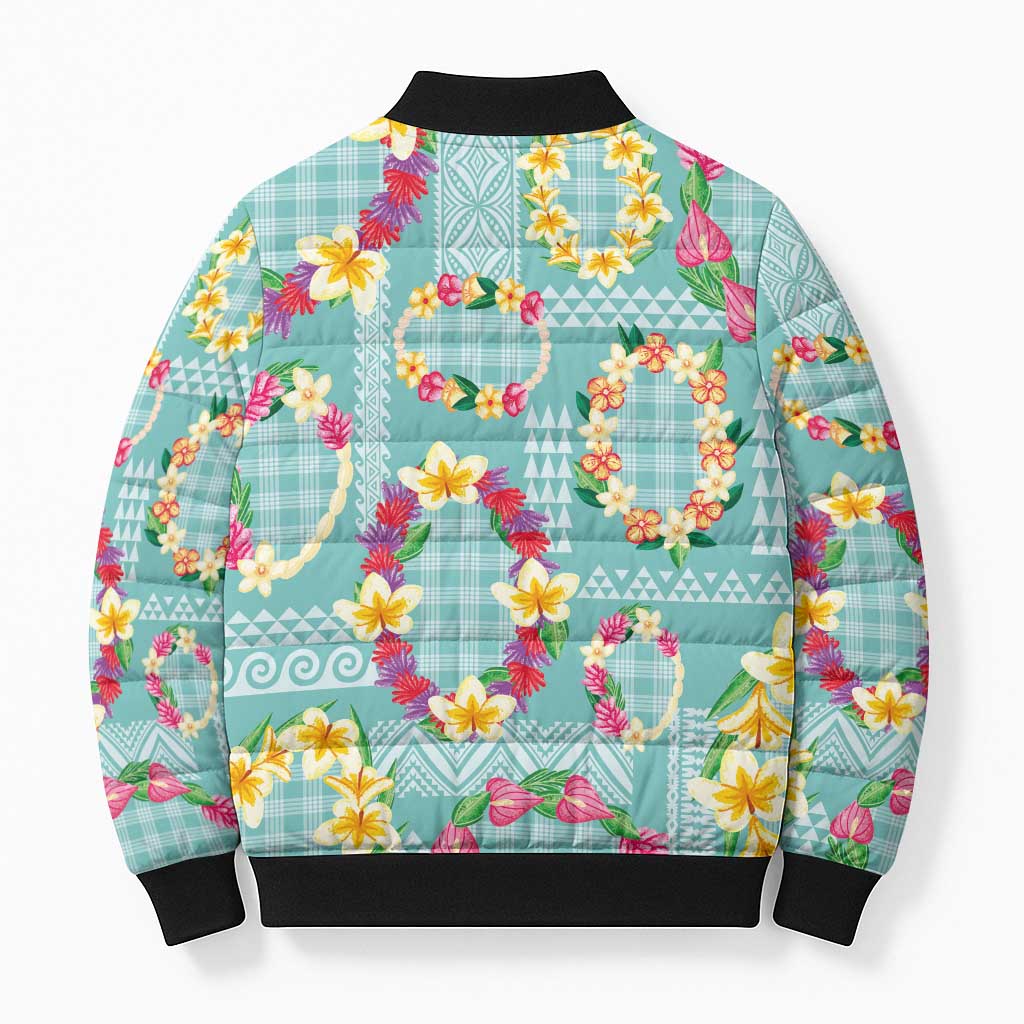 Hawaiian Leis Bomber Puffer Jacket Kakau Tattoos and Palaka Pastel Teal Color LT03 - Polynesian Pride