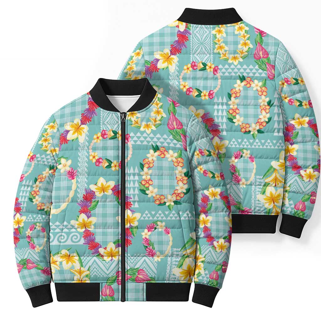 Hawaiian Leis Bomber Puffer Jacket Kakau Tattoos and Palaka Pastel Teal Color LT03 - Polynesian Pride