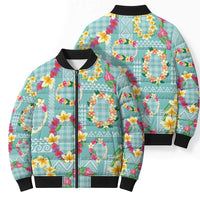 Hawaiian Leis Bomber Puffer Jacket Kakau Tattoos and Palaka Pastel Teal Color LT03 - Polynesian Pride
