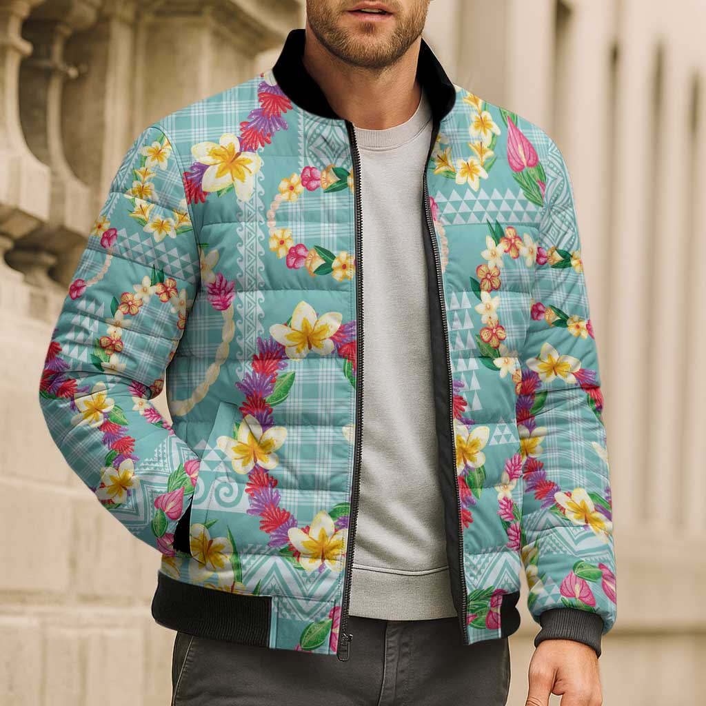 Hawaiian Leis Bomber Puffer Jacket Kakau Tattoos and Palaka Pastel Teal Color LT03 - Polynesian Pride