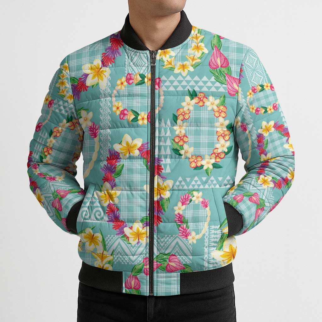 Hawaiian Leis Bomber Puffer Jacket Kakau Tattoos and Palaka Pastel Teal Color LT03 - Polynesian Pride