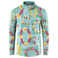 Hawaiian Leis Button Sweatshirt Kakau Tattoos and Palaka Pastel Teal Color
