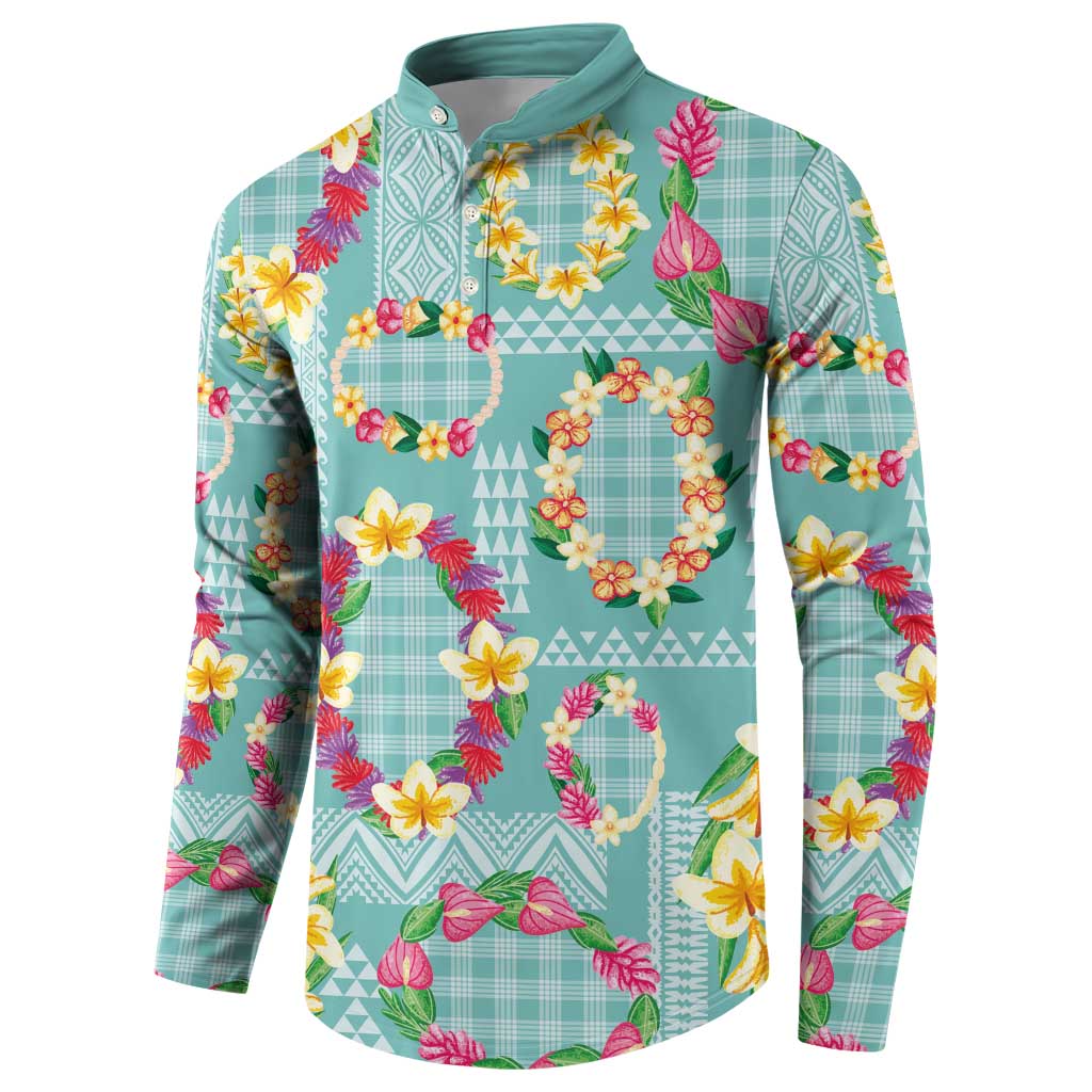 Hawaiian Leis Button Sweatshirt Kakau Tattoos and Palaka Pastel Teal Color