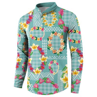 Hawaiian Leis Button Sweatshirt Kakau Tattoos and Palaka Pastel Teal Color