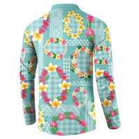 Hawaiian Leis Button Sweatshirt Kakau Tattoos and Palaka Pastel Teal Color