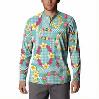 Hawaiian Leis Button Sweatshirt Kakau Tattoos and Palaka Pastel Teal Color