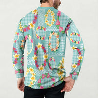 Hawaiian Leis Button Sweatshirt Kakau Tattoos and Palaka Pastel Teal Color