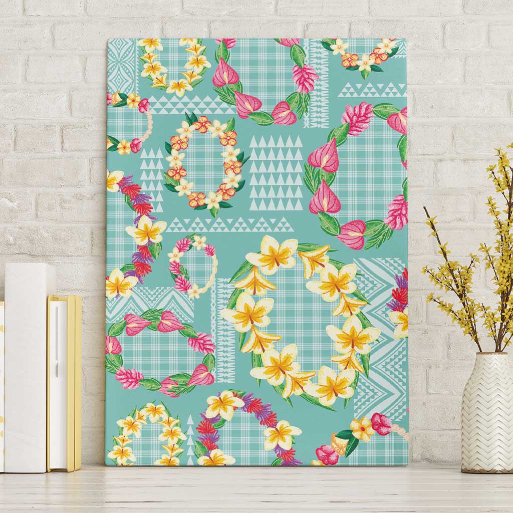 Hawaiian Leis Canvas Wall Art Kakau Tattoos and Palaka Pastel Teal Color LT03 Without Frame Teal - Polynesian Pride