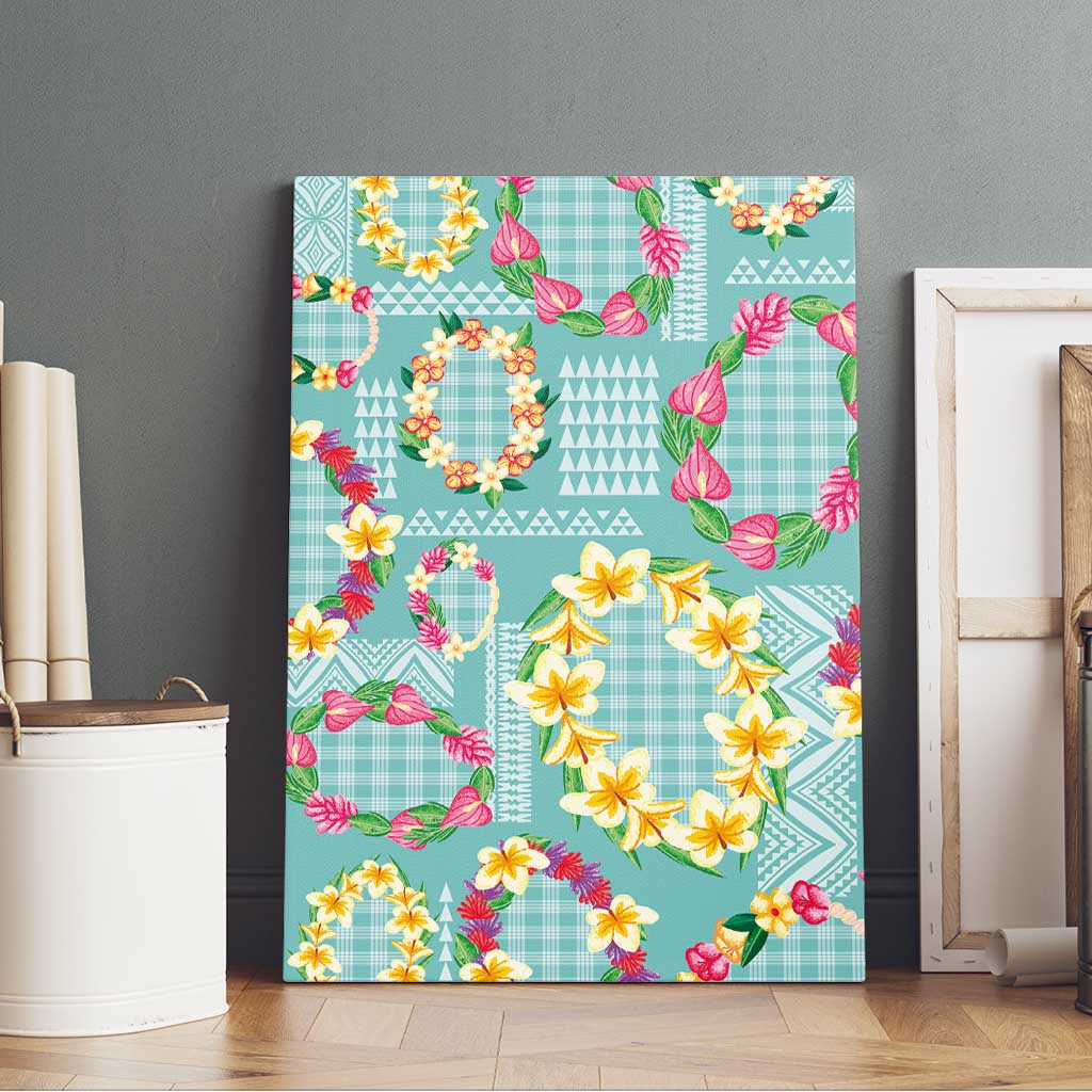Hawaiian Leis Canvas Wall Art Kakau Tattoos and Palaka Pastel Teal Color LT03 - Polynesian Pride