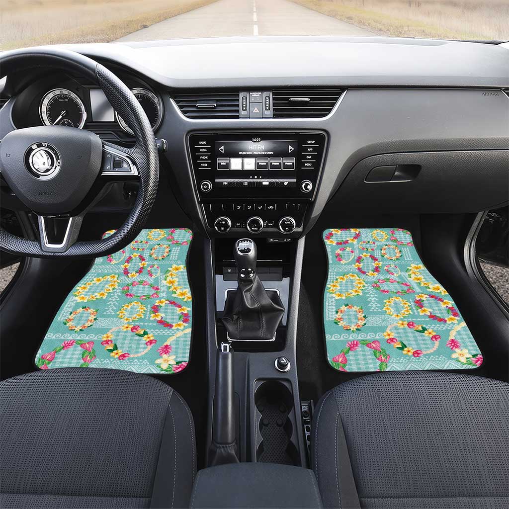 Hawaiian Leis Car Mats Kakau Tattoos and Palaka Pastel Teal Color LT03 Set 2pcs - Front Teal - Polynesian Pride