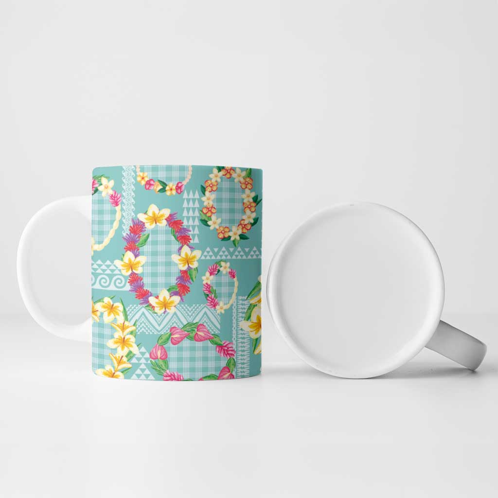Hawaiian Leis Ceramic Mug Kakau Tattoos and Palaka Pastel Teal Color LT03 - Polynesian Pride