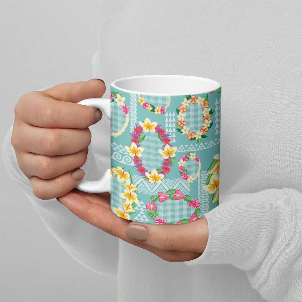 Hawaiian Leis Ceramic Mug Kakau Tattoos and Palaka Pastel Teal Color LT03 - Polynesian Pride