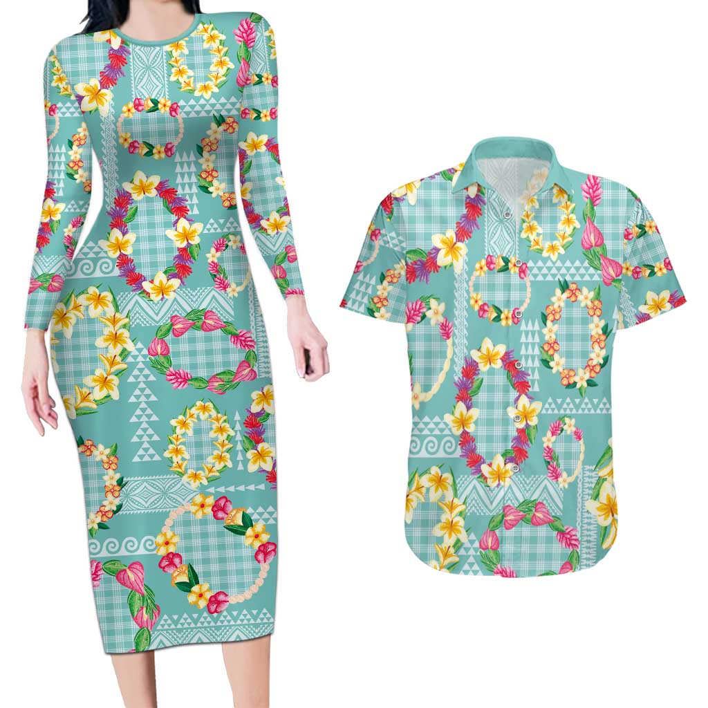 Hawaiian Leis Couples Matching Long Sleeve Bodycon Dress and Hawaiian Shirt Kakau Tattoos and Palaka Pastel Teal Color LT03 Teal - Polynesian Pride