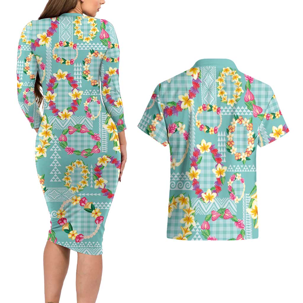 Hawaiian Leis Couples Matching Long Sleeve Bodycon Dress and Hawaiian Shirt Kakau Tattoos and Palaka Pastel Teal Color