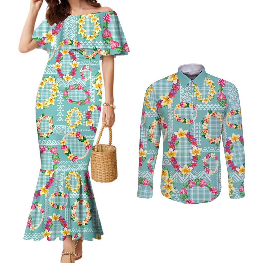 Hawaiian Leis Couples Matching Mermaid Dress and Long Sleeve Button Shirt Kakau Tattoos and Palaka Pastel Teal Color LT03 Teal - Polynesian Pride