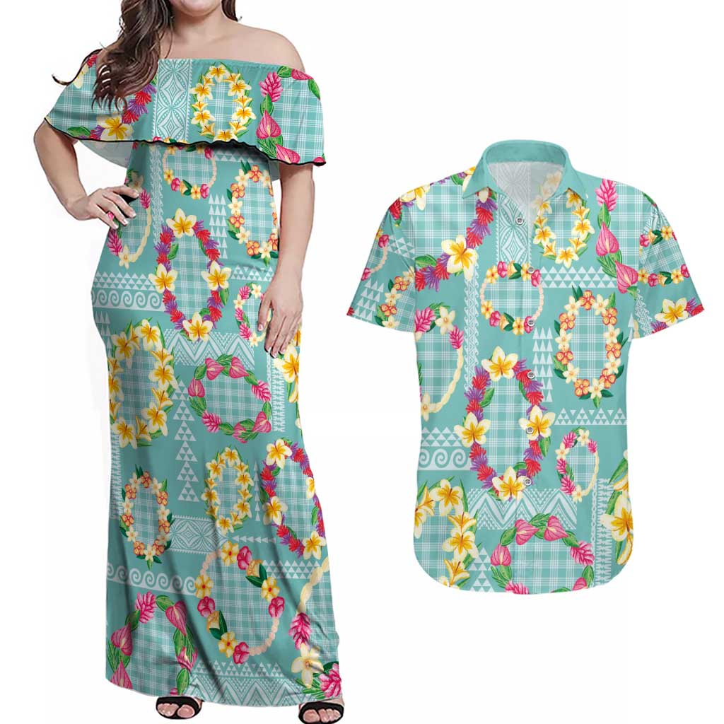 Hawaiian Leis Couples Matching Off Shoulder Maxi Dress and Hawaiian Shirt Kakau Tattoos and Palaka Pastel Teal Color