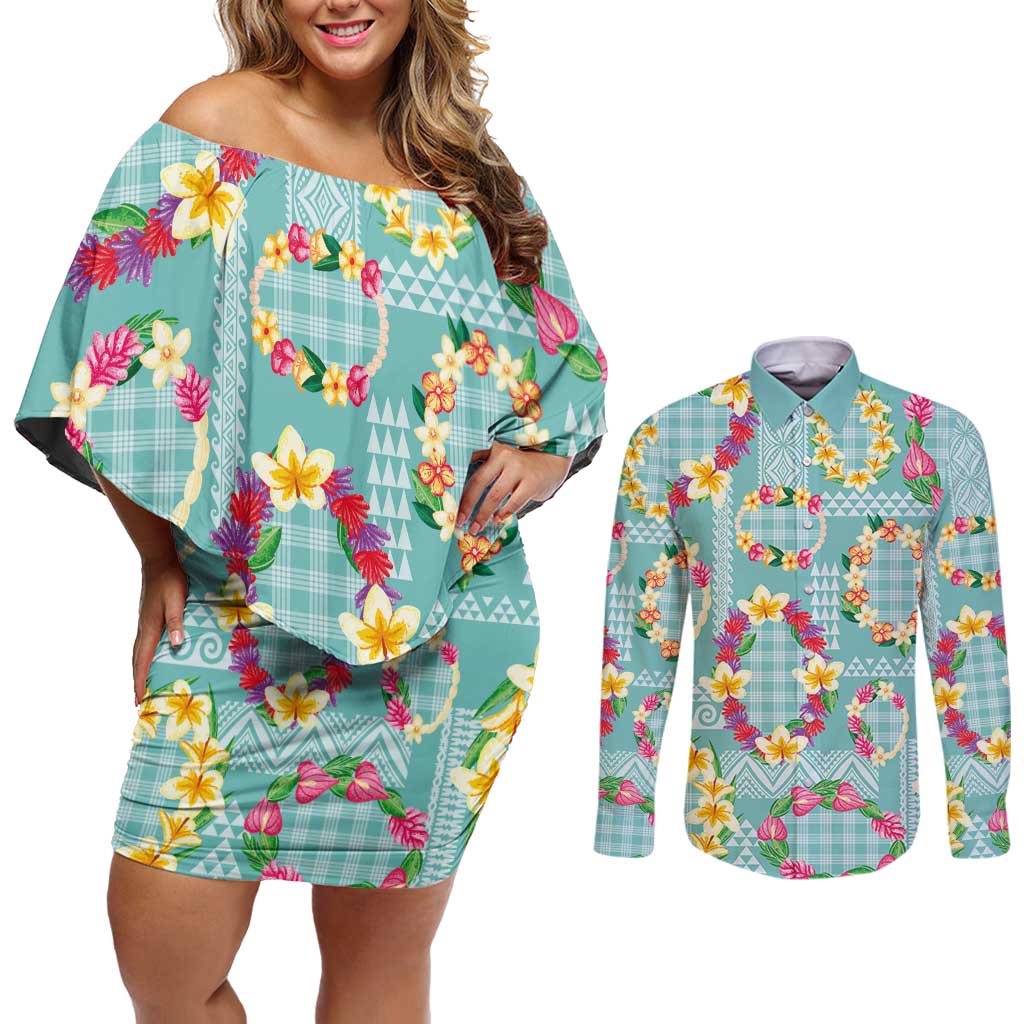 Hawaiian Leis Couples Matching Off Shoulder Short Dress and Long Sleeve Button Shirt Kakau Tattoos and Palaka Pastel Teal Color