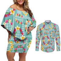 Hawaiian Leis Couples Matching Off Shoulder Short Dress and Long Sleeve Button Shirt Kakau Tattoos and Palaka Pastel Teal Color