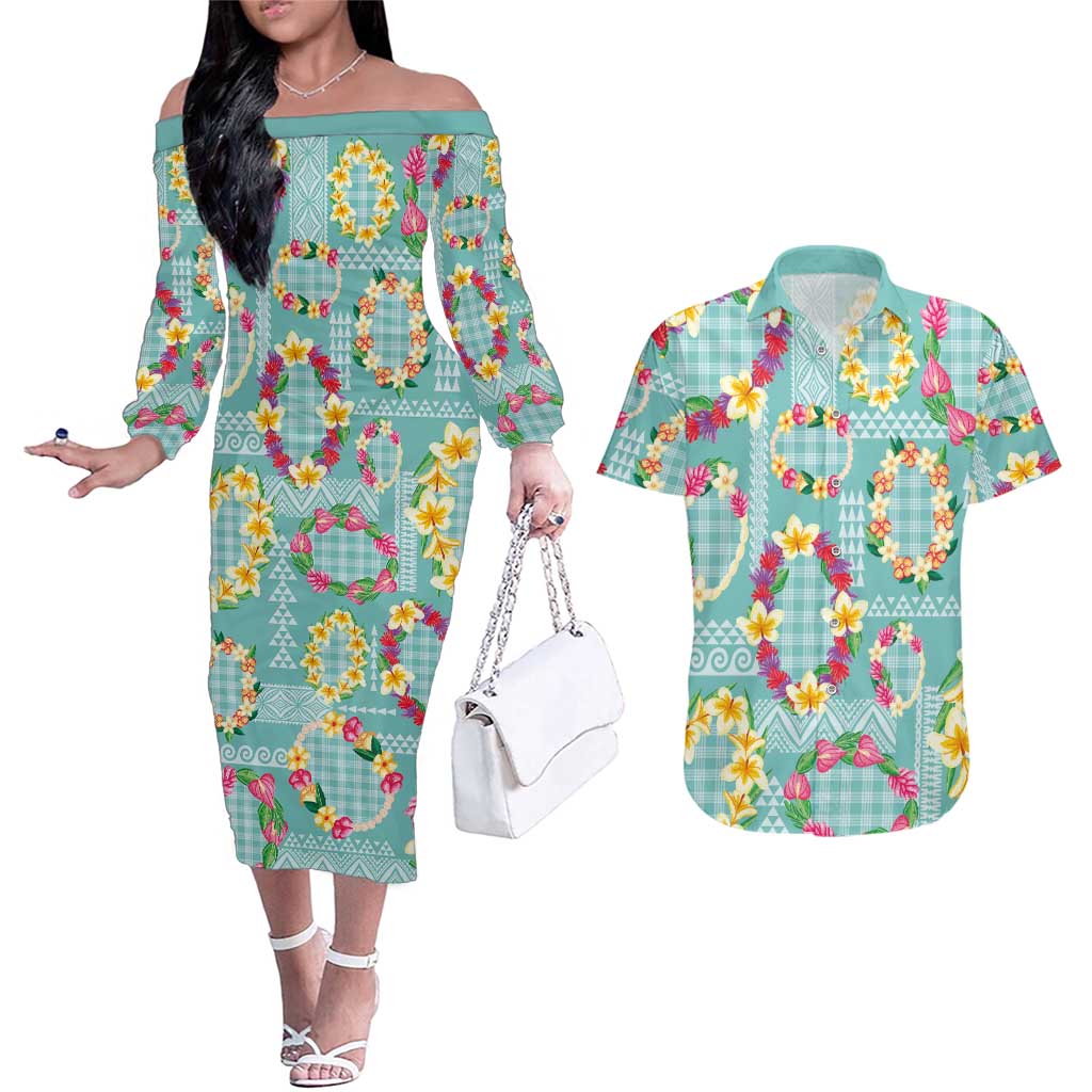 Hawaiian Leis Couples Matching Off The Shoulder Long Sleeve Dress and Hawaiian Shirt Kakau Tattoos and Palaka Pastel Teal Color LT03 Teal - Polynesian Pride