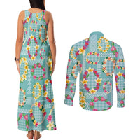 Hawaiian Leis Couples Matching Tank Maxi Dress and Long Sleeve Button Shirt Kakau Tattoos and Palaka Pastel Teal Color