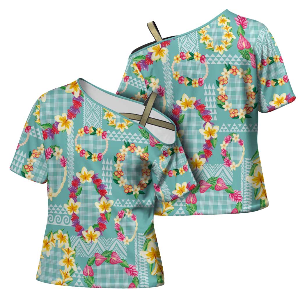 Hawaiian Leis Cross Shoulder Shirt Kakau Tattoos and Palaka Pastel Teal Color LT03 - Polynesian Pride
