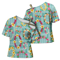 Hawaiian Leis Cross Shoulder Shirt Kakau Tattoos and Palaka Pastel Teal Color LT03 - Polynesian Pride