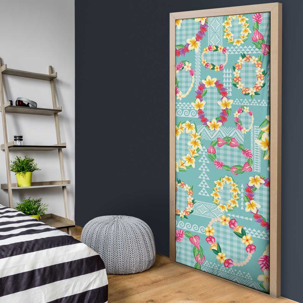 Hawaiian Leis Door Cover Kakau Tattoos and Palaka Pastel Teal Color LT03 - Polynesian Pride