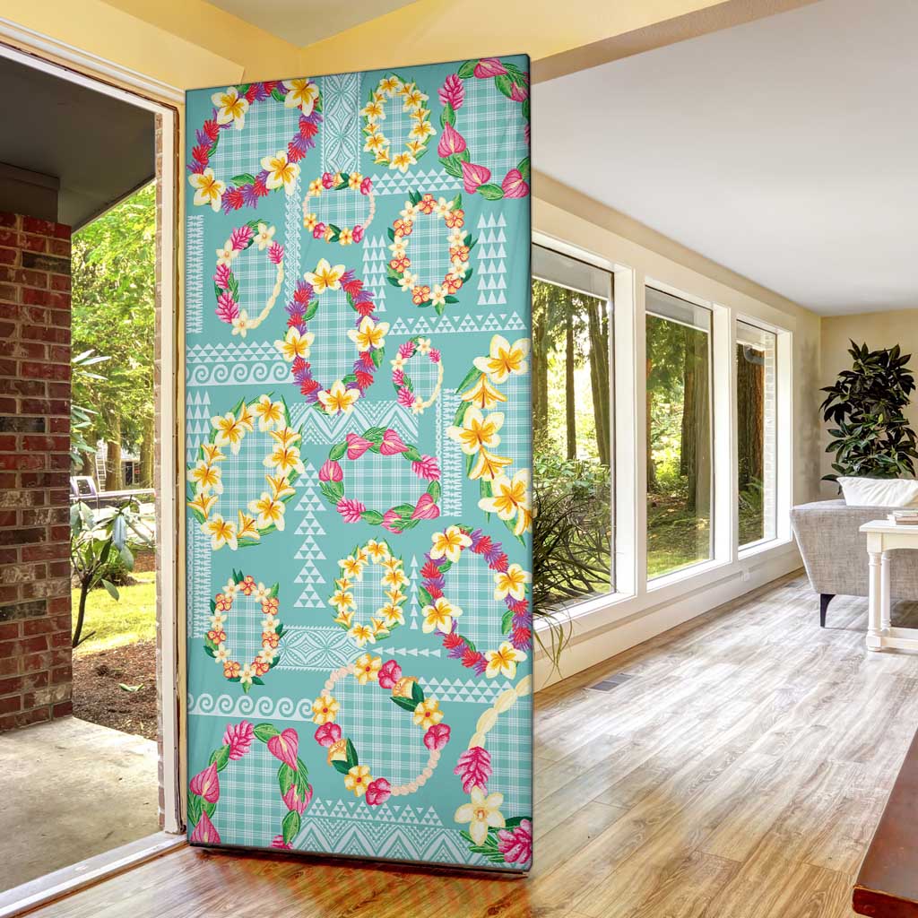Hawaiian Leis Door Cover Kakau Tattoos and Palaka Pastel Teal Color LT03 - Polynesian Pride
