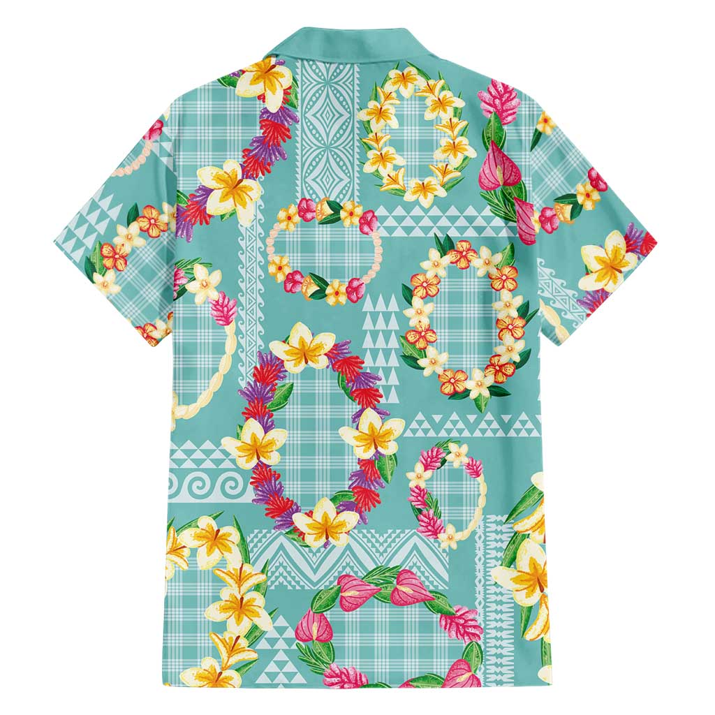 Hawaiian Leis Family Matching Long Sleeve Bodycon Dress and Hawaiian Shirt Kakau Tattoos and Palaka Pastel Teal Color