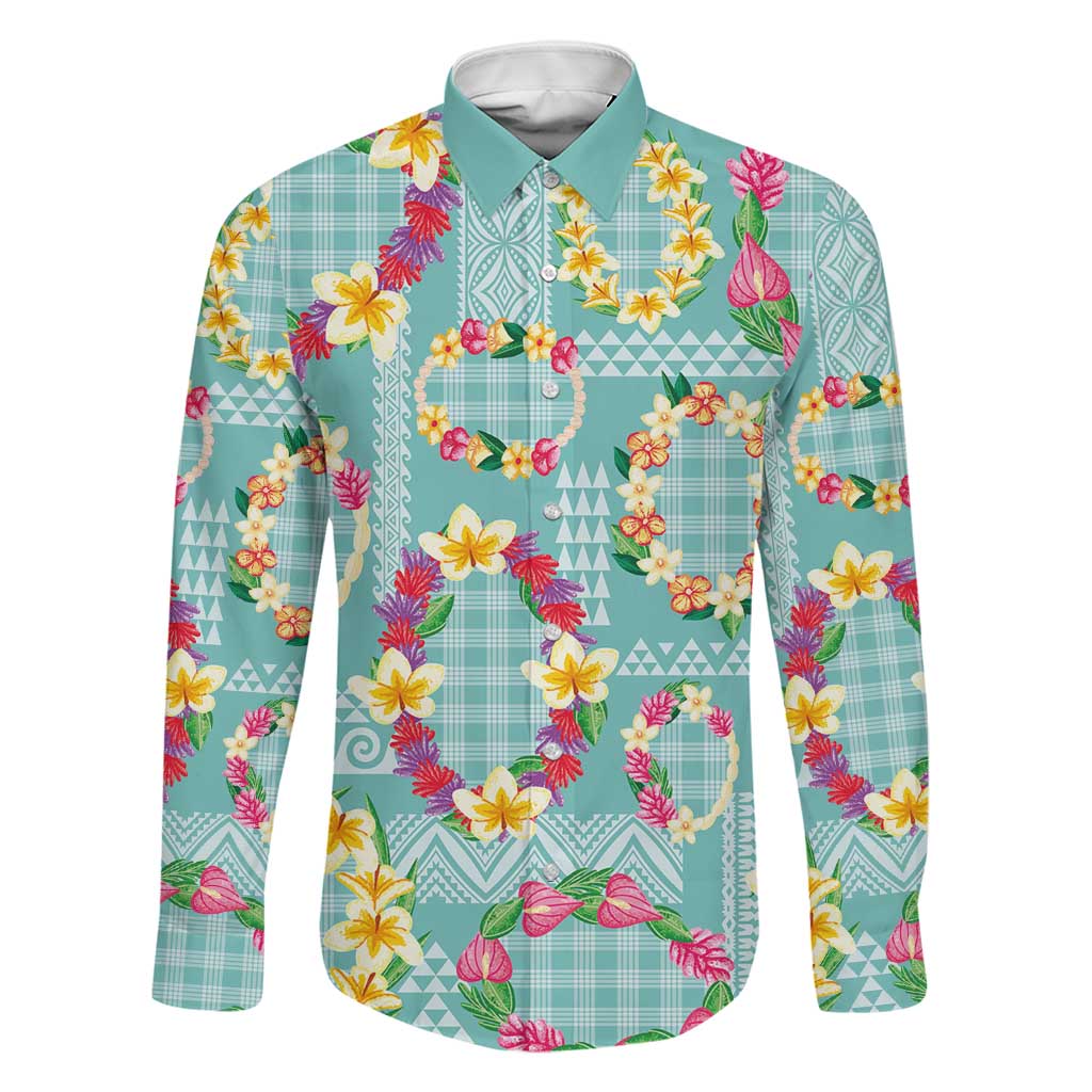 Hawaiian Leis Family Matching Long Sleeve Bodycon Dress and Hawaiian Shirt Kakau Tattoos and Palaka Pastel Teal Color