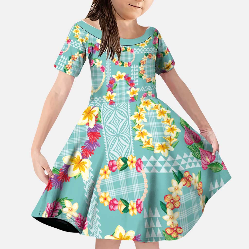Hawaiian Leis Family Matching Mermaid Dress and Hawaiian Shirt Kakau Tattoos and Palaka Pastel Teal Color
