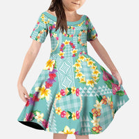 Hawaiian Leis Family Matching Off The Shoulder Long Sleeve Dress and Hawaiian Shirt Kakau Tattoos and Palaka Pastel Teal Color