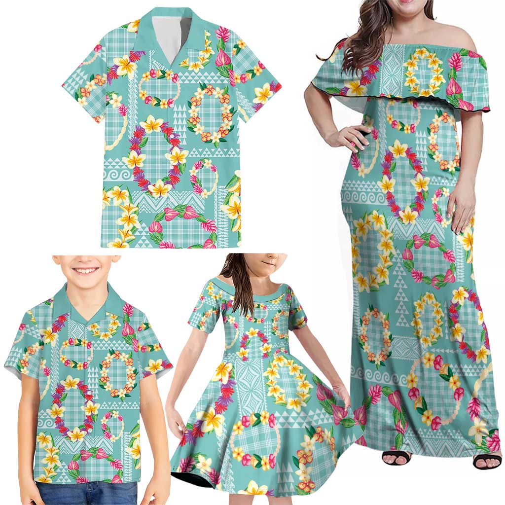 Hawaiian Leis Family Matching Off Shoulder Maxi Dress and Hawaiian Shirt Kakau Tattoos and Palaka Pastel Teal Color LT03 - Polynesian Pride