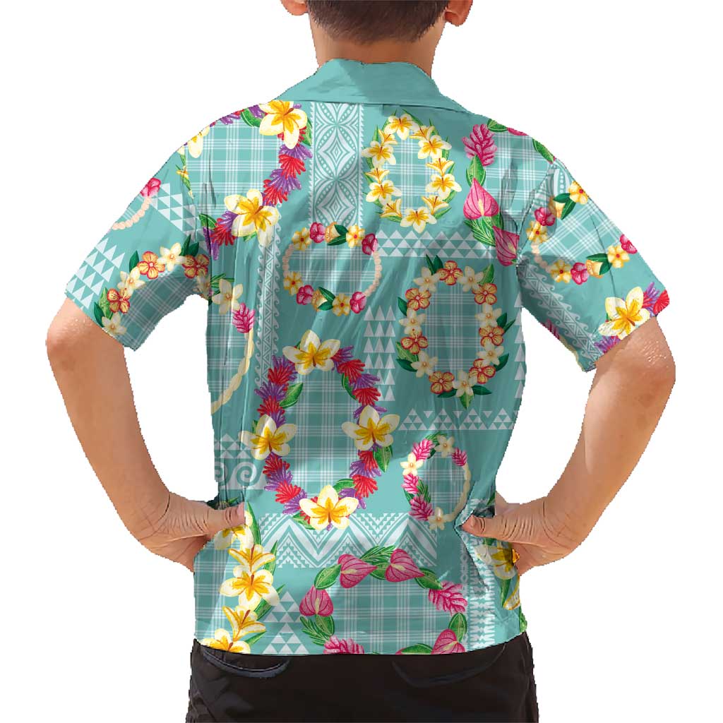 Hawaiian Leis Family Matching Off Shoulder Short Dress and Hawaiian Shirt Kakau Tattoos and Palaka Pastel Teal Color