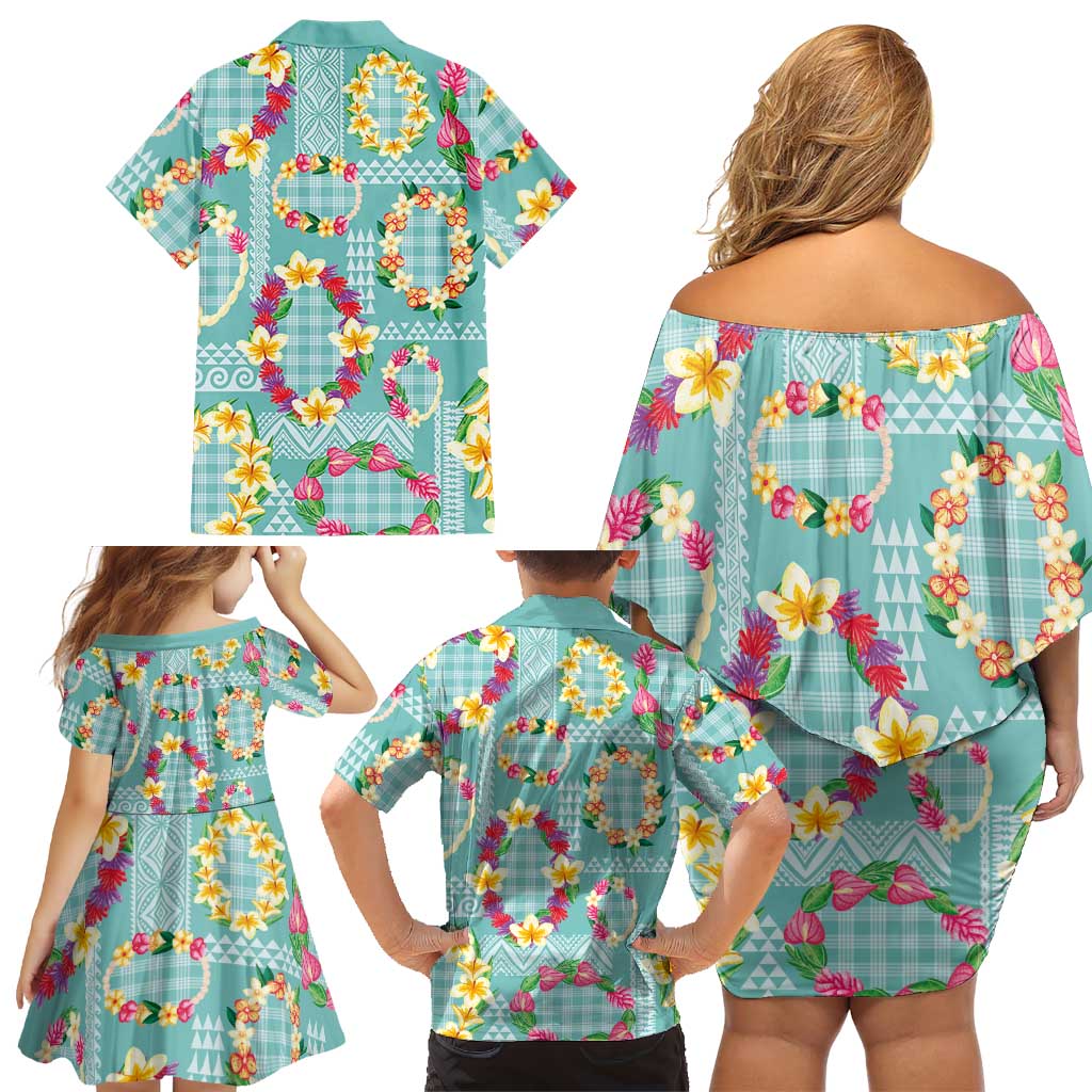 Hawaiian Leis Family Matching Off Shoulder Short Dress and Hawaiian Shirt Kakau Tattoos and Palaka Pastel Teal Color