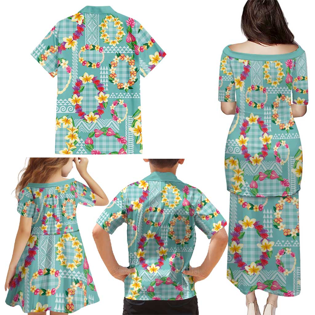 Hawaiian Leis Family Matching Puletasi and Hawaiian Shirt Kakau Tattoos and Palaka Pastel Teal Color